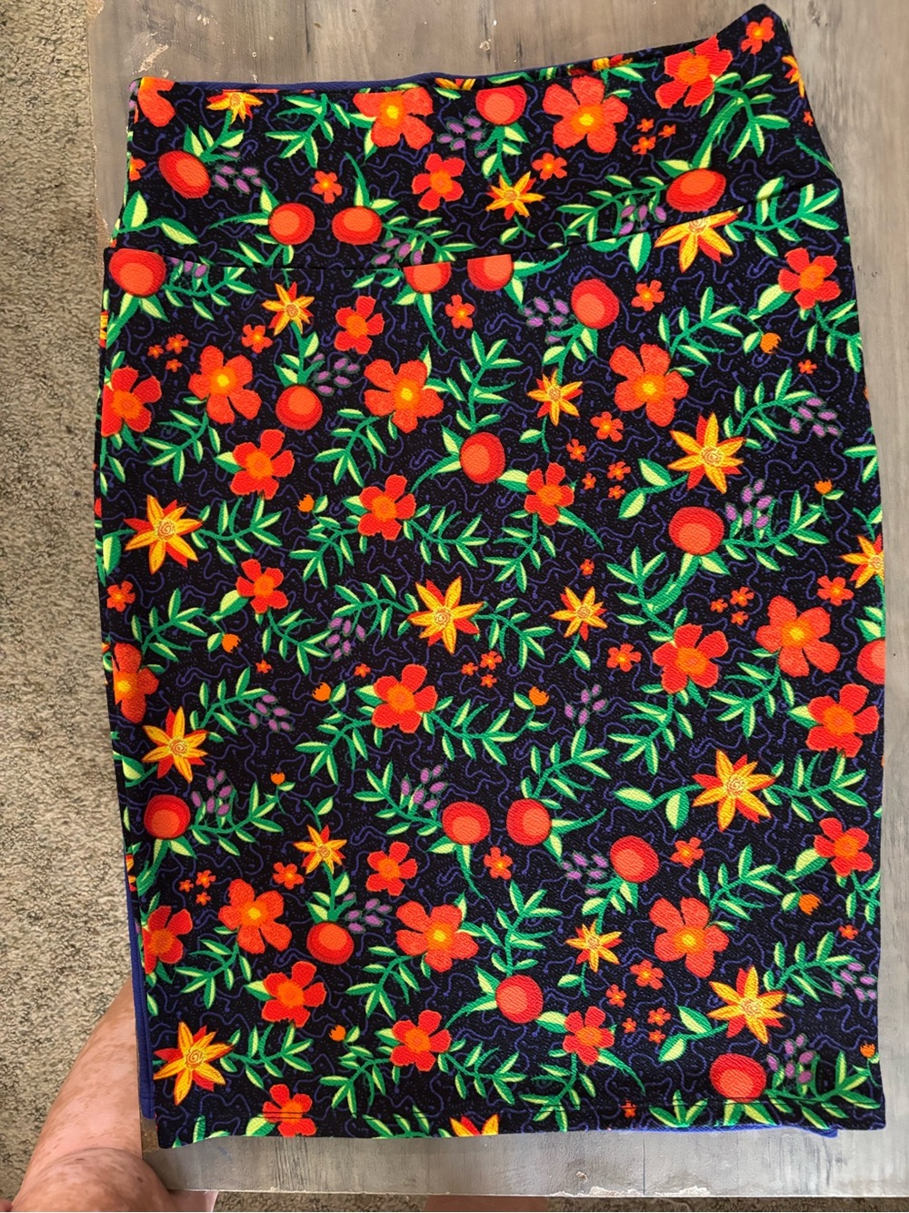 LuLaRoe Black Pencil Skirt with Bright Orange, Yellow & Green Floral Print